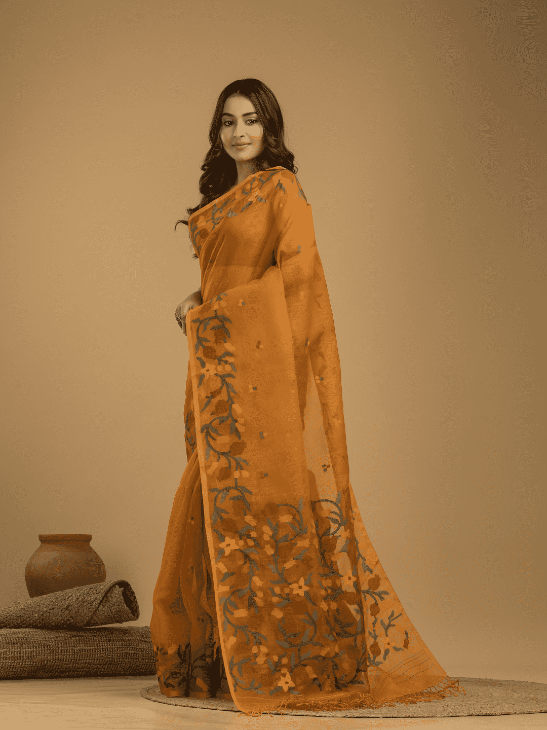 Muslin Jamdani Saree With Mustard Yellow - 018