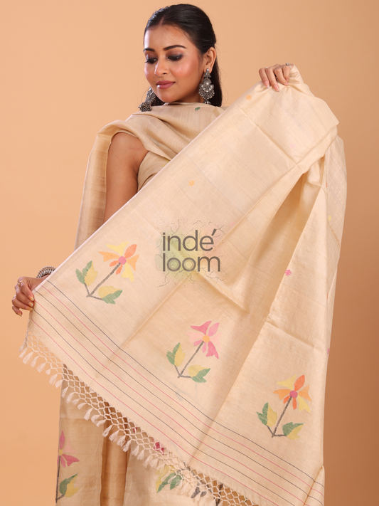 Almond Cream | Handloom Jamdani Tussar Unstitched 2-Piece Kurti