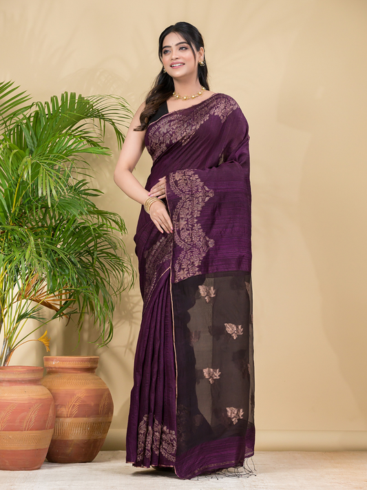 Matka Silk Jamdani Saree With Wine Purple - 025
