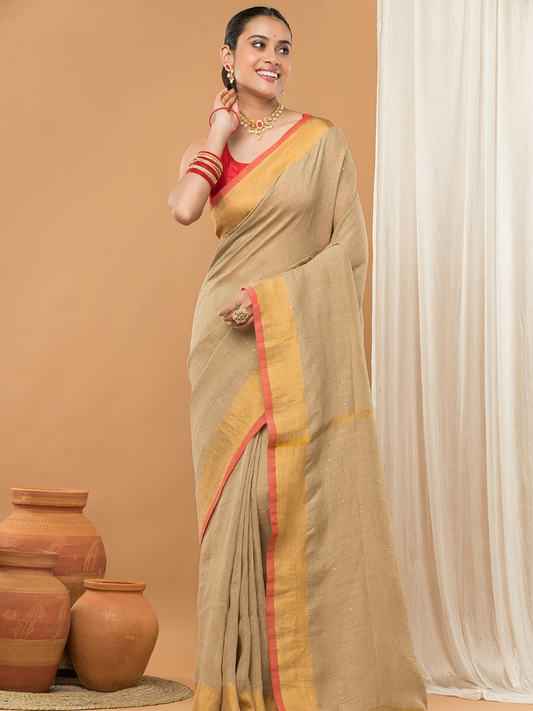 Linen Sequin Jamdani Saree With Light Golden Beige-005