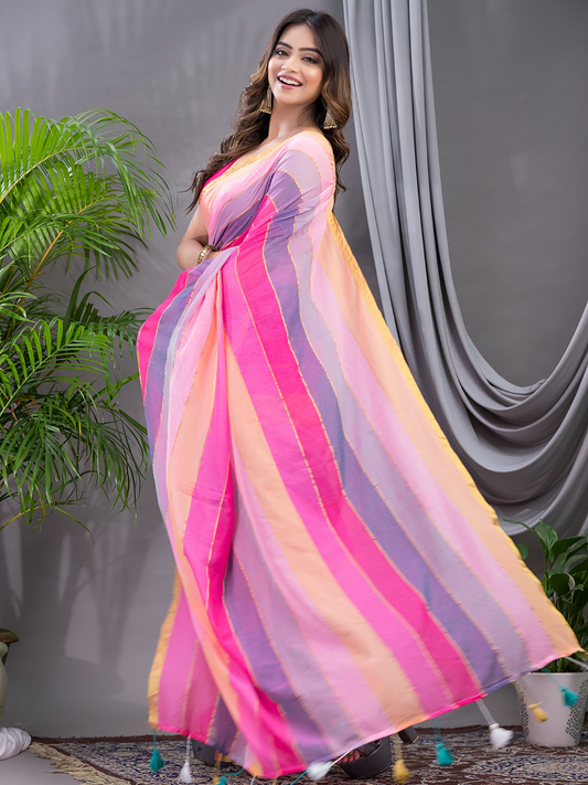 Handloom Mul Cotton Saree With Hot Pink - 002