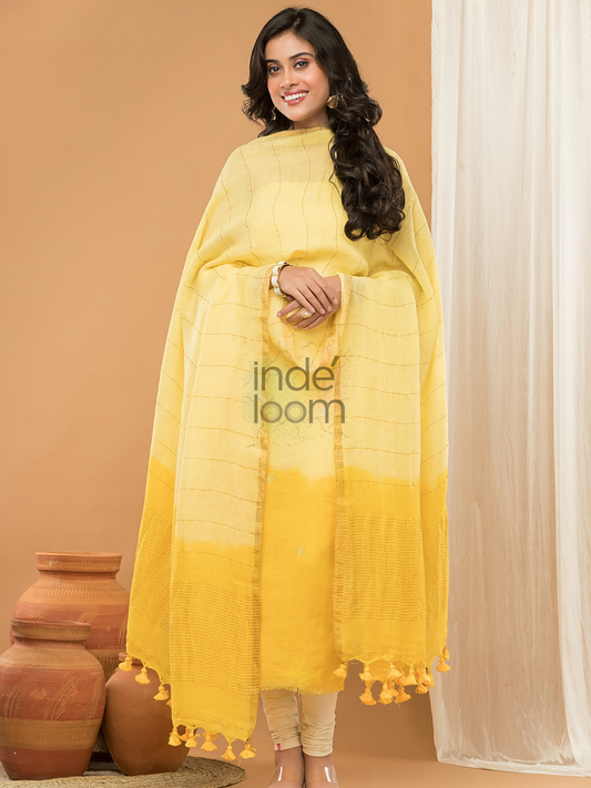 Mustard Glow | Handloom Jamdani Linen Unstitched 2-Piece Kurti | Ombre Design