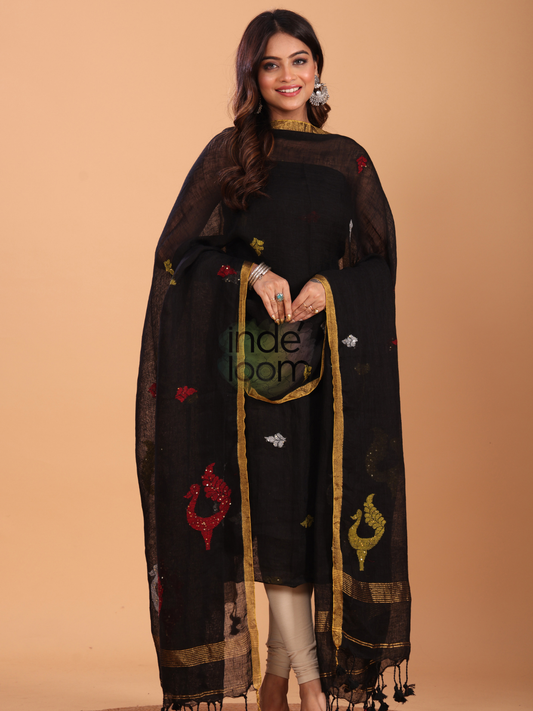 Deep Black | Handloom Jamdani Linen Unstitched 2-Piece Kurti
