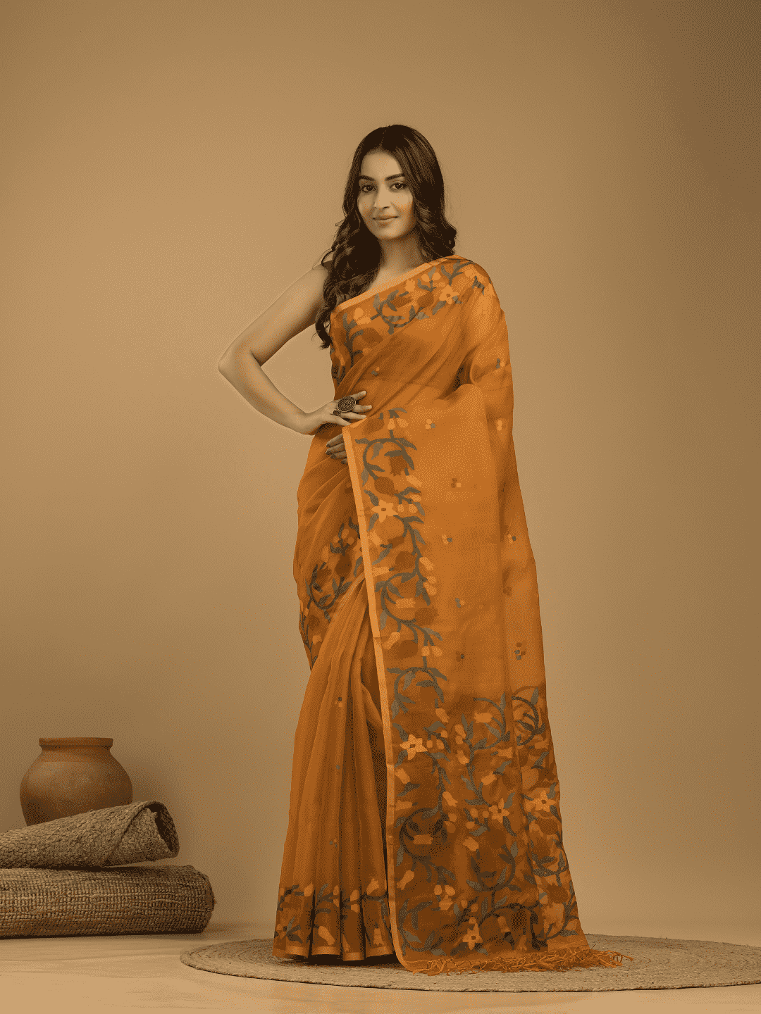 Muslin Jamdani Saree With Mustard Yellow - 018