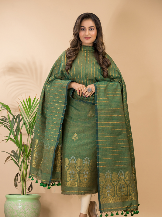 Handwoven Jamdani Linen Unstitched 2-piece Kurti | Army Green