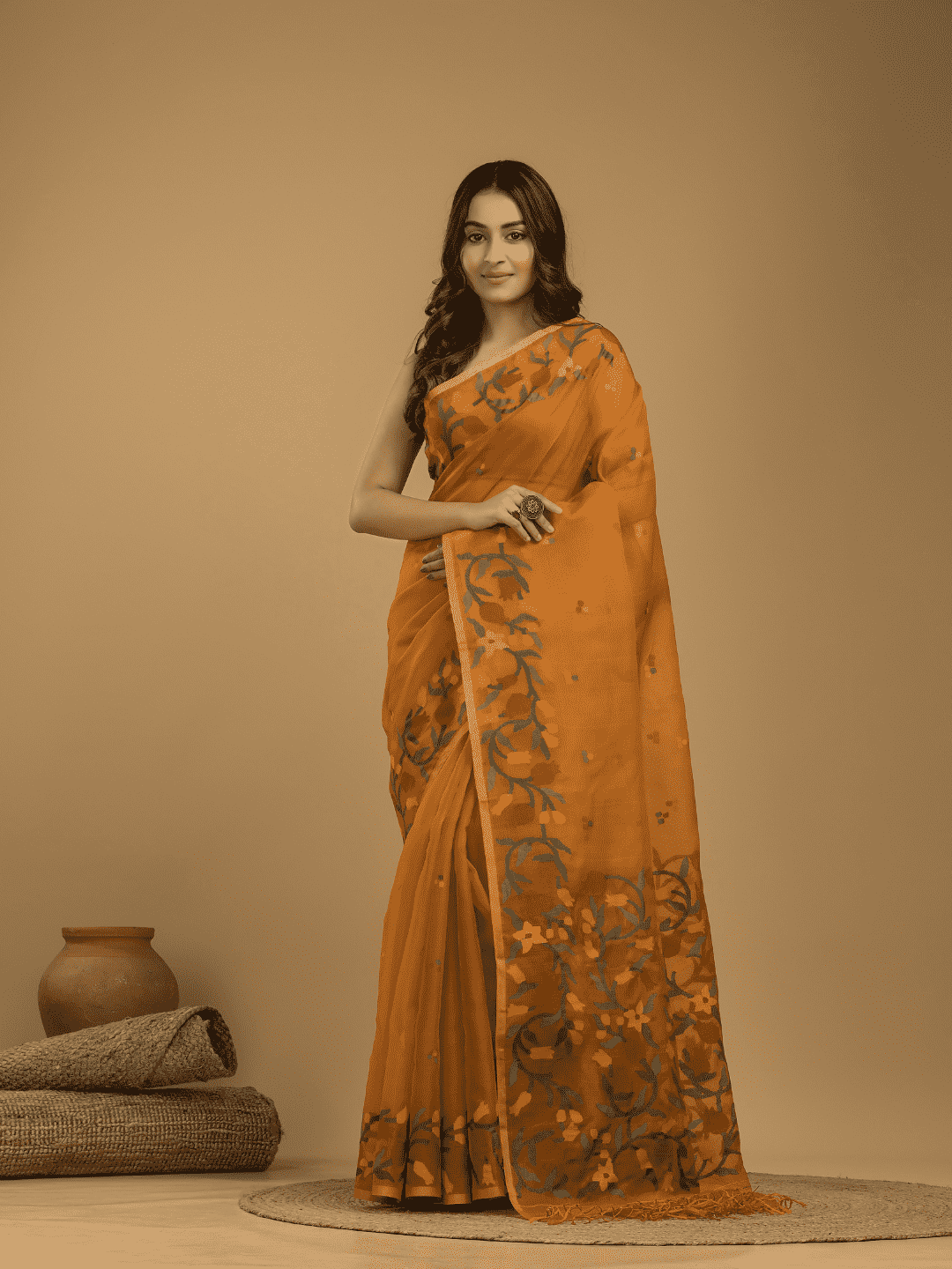 Muslin Jamdani Saree With Mustard Yellow - 018