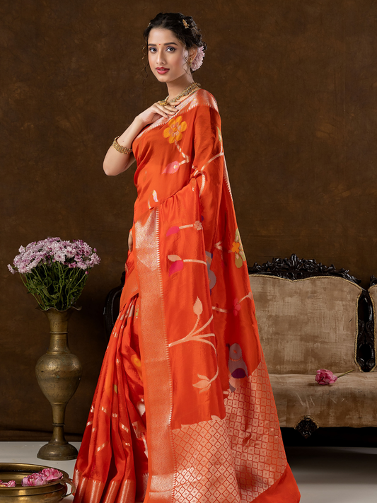 Classic Benarasi Semi Silk Saree | Bright Orange