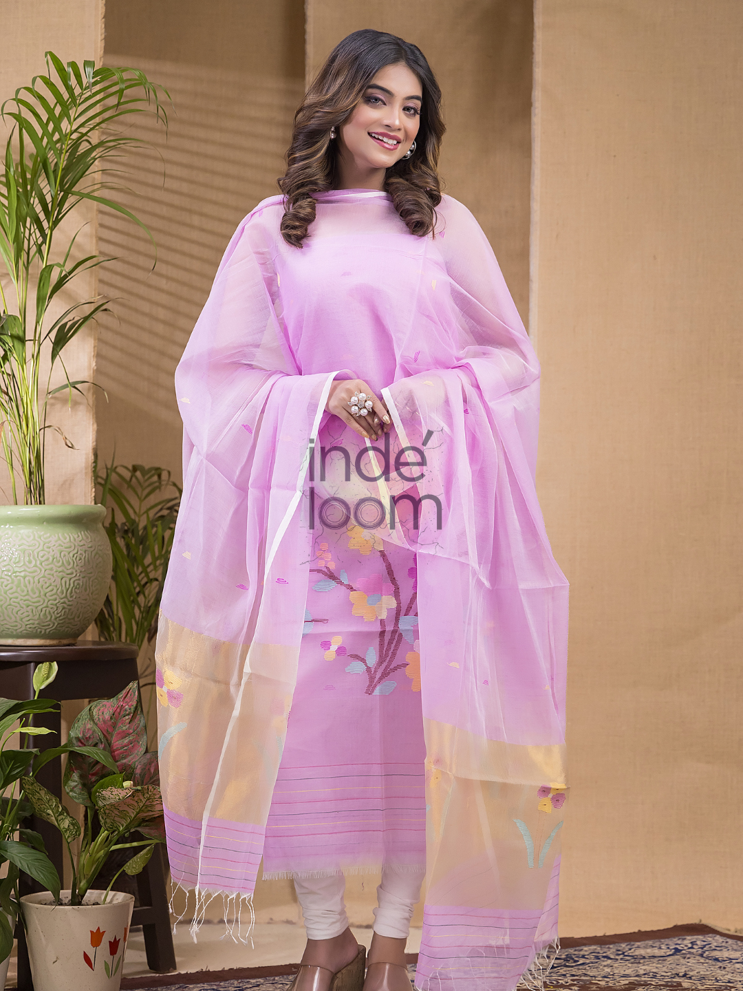 Hot Pink Jamdani 2-Piece Set Kurti & Dupatta (UNSTITCHED) -681