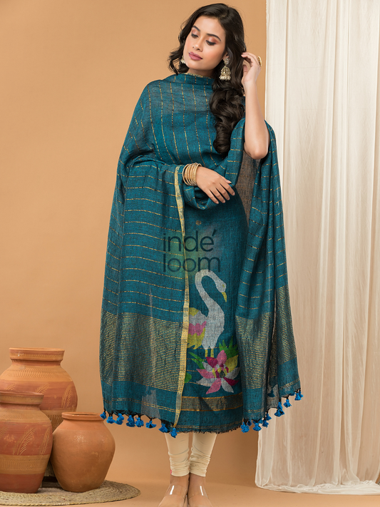 Petrol Blue | Handloom Jamdani Linen Unstitched 2-Piece Kurti
