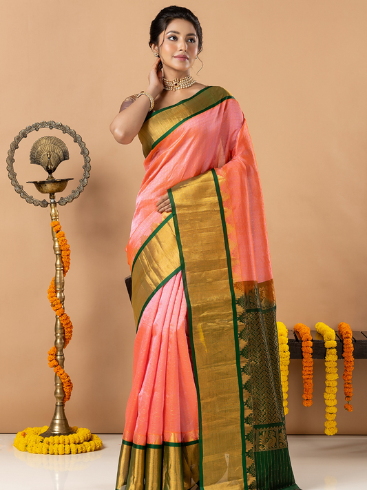 Handloom Korvai Silk Cotton Saree | Peach Coral