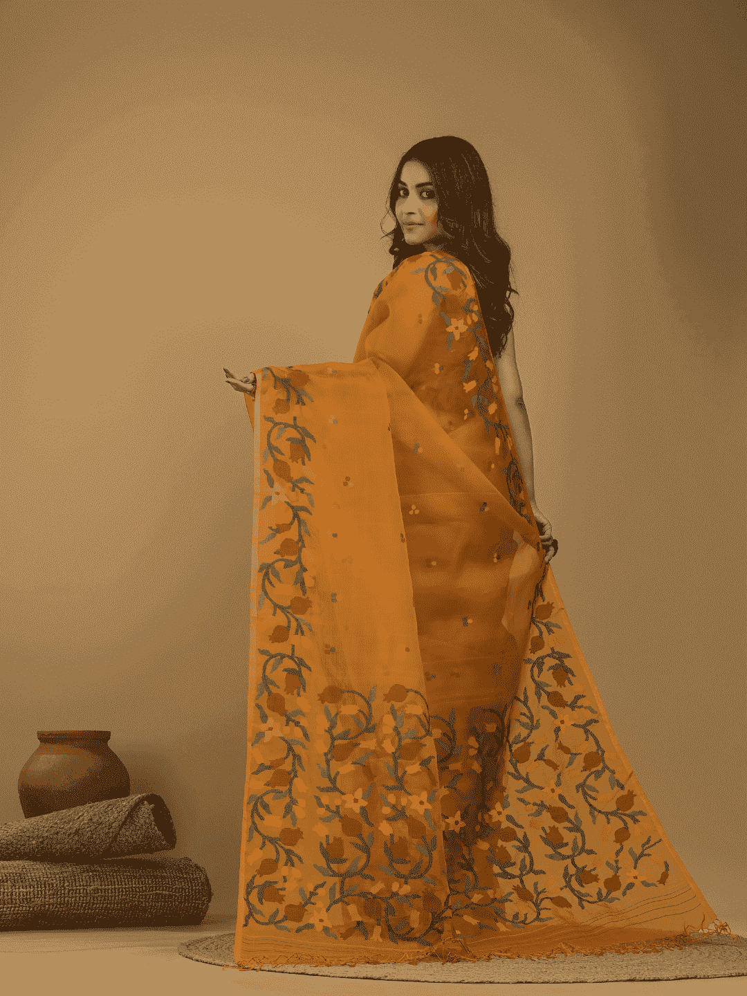 Muslin Jamdani Saree With Mustard Yellow - 018