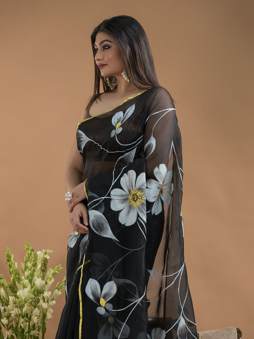 Black Shaded And Flowers Organza Hand-painted Saree -077