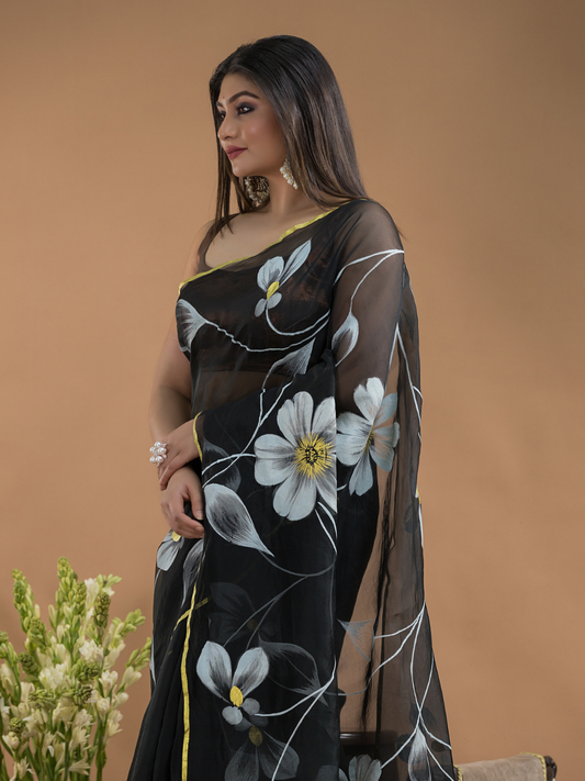 Black Shaded And Flowers  Organza Hand-painted Saree -077