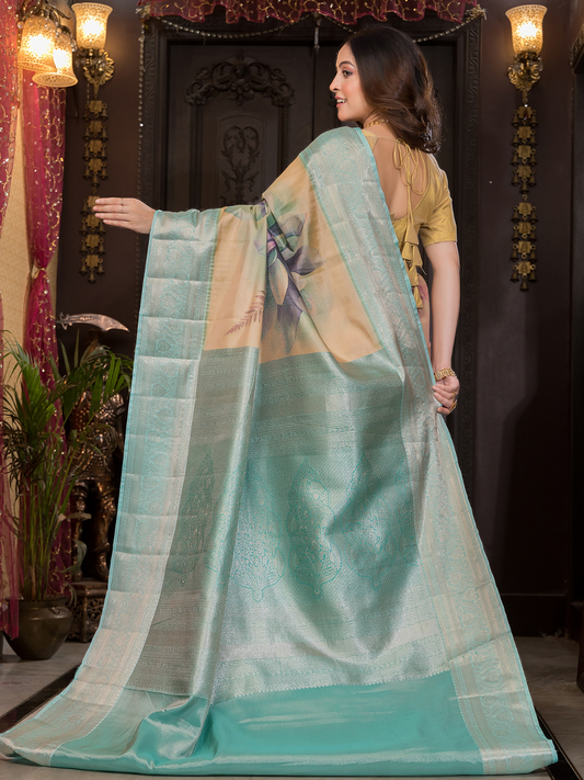 Varnitha - Earth-toned tan silk with sapphire blue zari edge