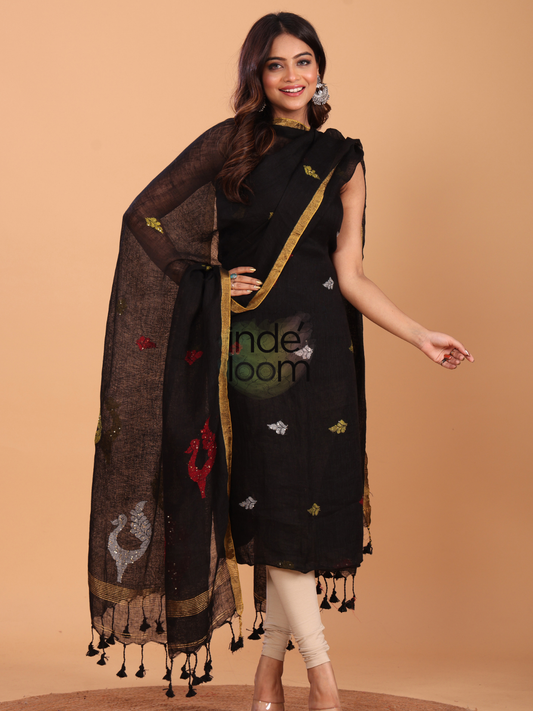 Deep Black | Handloom Jamdani Linen Unstitched 2-Piece Kurti
