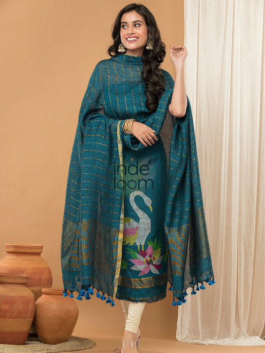Petrol Blue | Handloom Jamdani Linen Unstitched 2-Piece Kurti