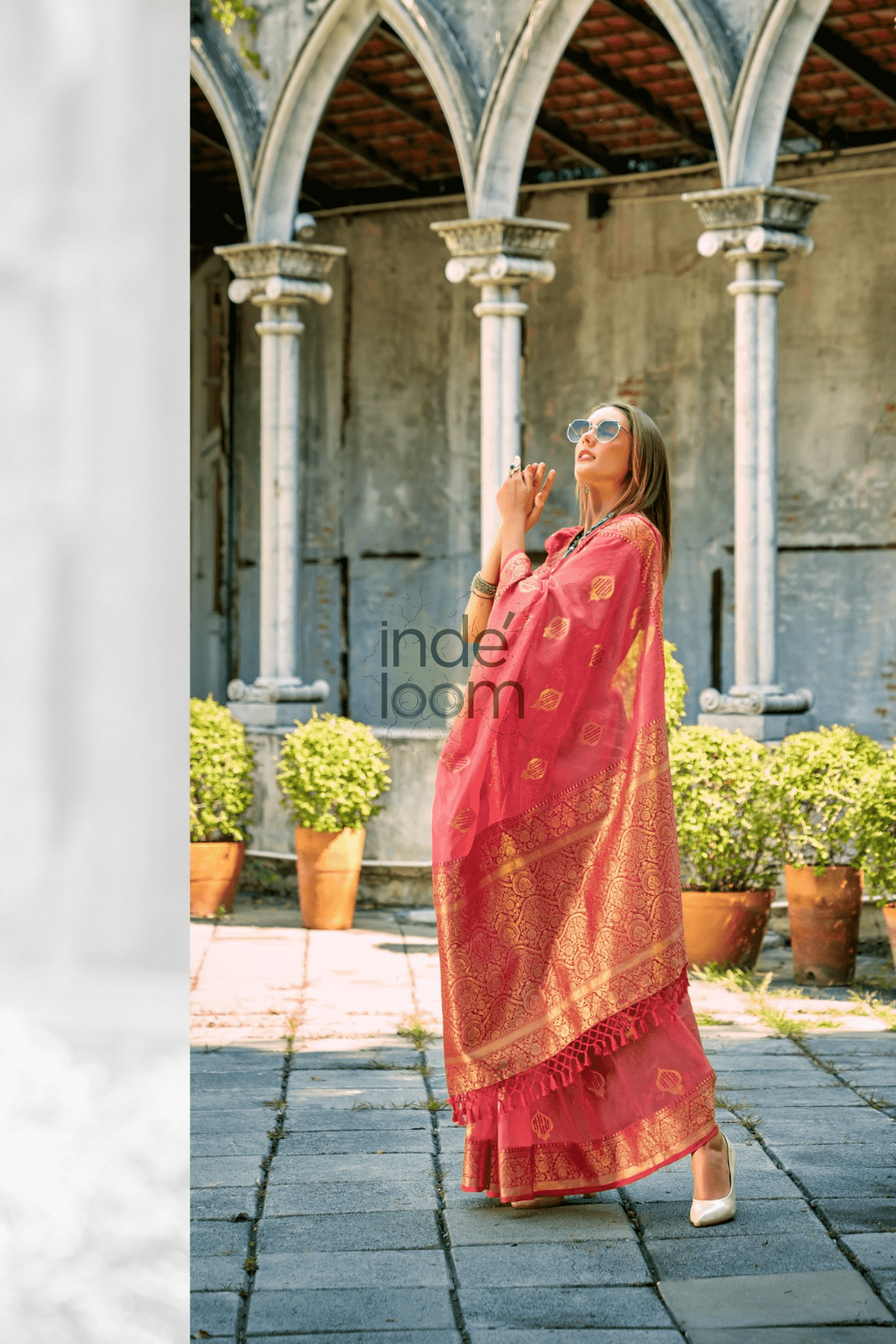 Durga Puja Saree with Pink Orange and Golden Border-062 - indeloom