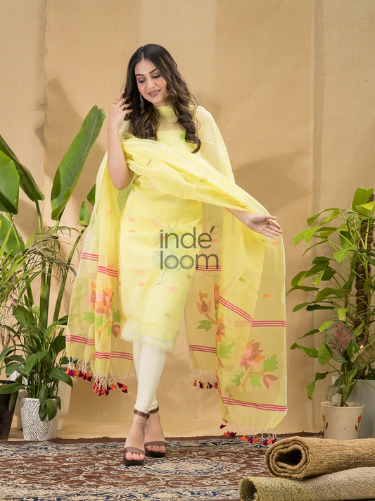 Pale Yellow | Handloom Jamdani Muslin Unstitched 2-Piece Kurti | Tantuj Design