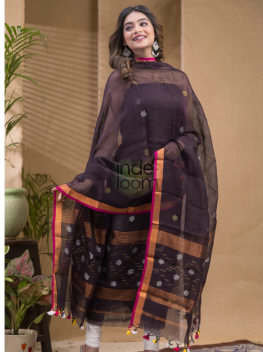 Charcoal Brown | Handloom Jamdani Linen Unstitched 2-Piece Kurti