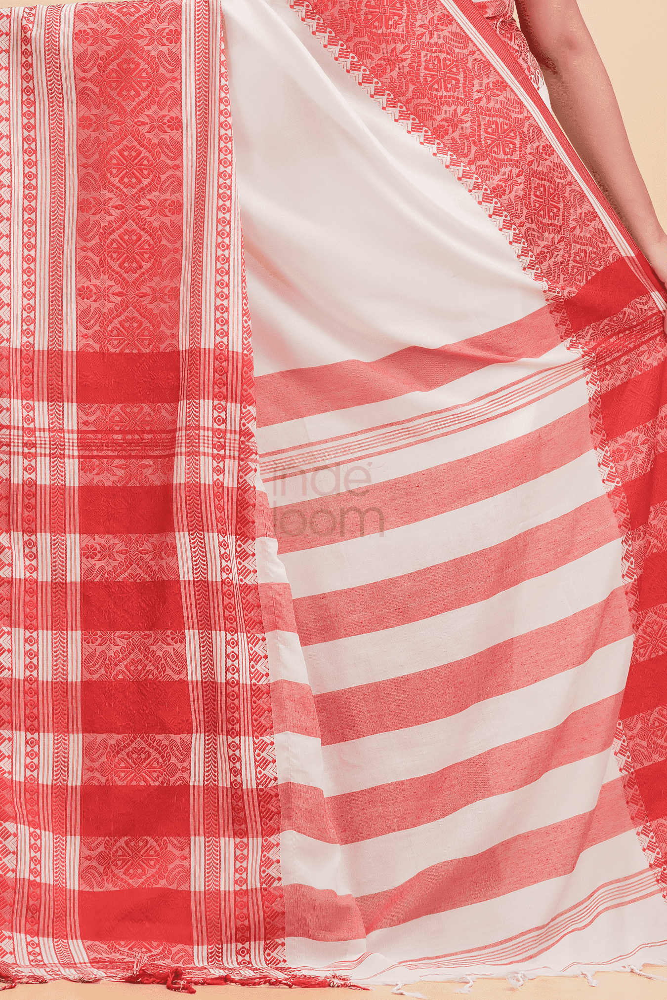 Durga Puja Saree Handloom Cotton in Red White-013 - indeloom