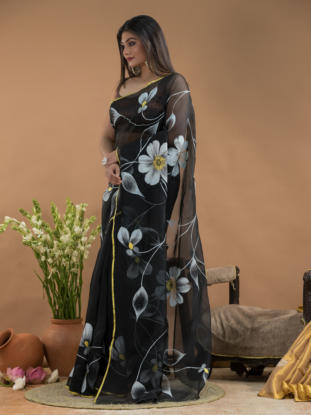 Black Shaded And Flowers Organza Hand-painted Saree -077
