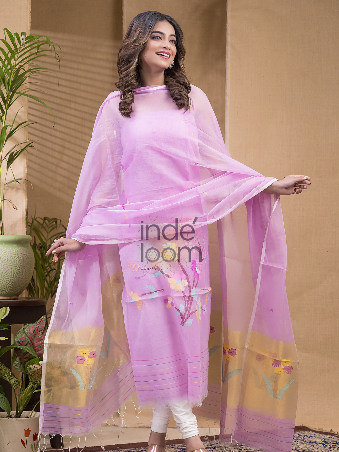Hot Pink Jamdani 2-Piece Set Kurti & Dupatta (UNSTITCHED) -681