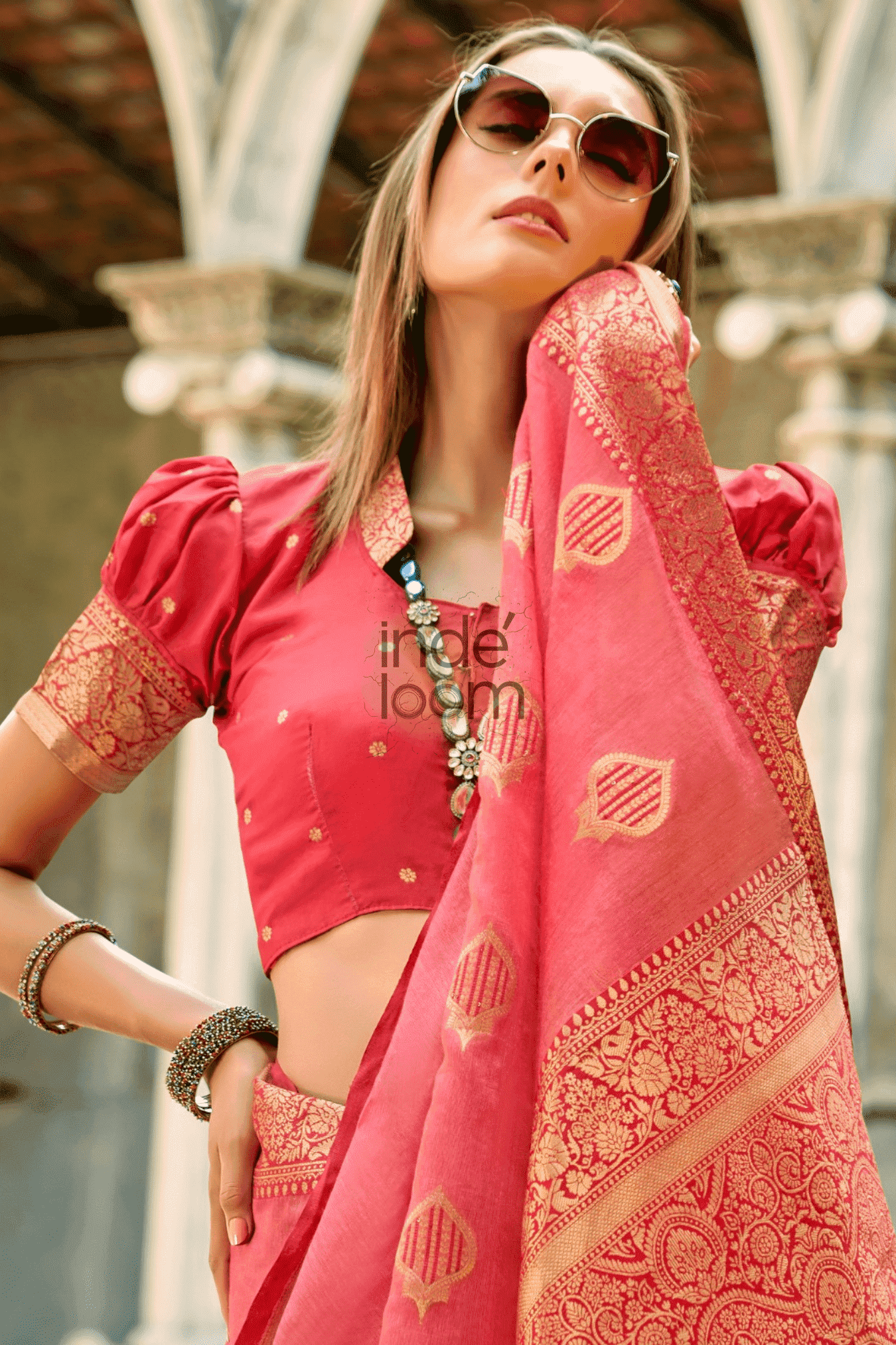 Durga Puja Saree with Pink Orange and Golden Border-062 - indeloom