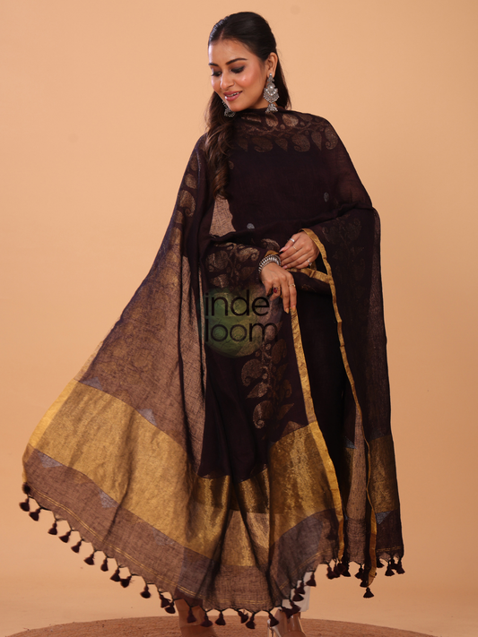 Dark Chestnut | Handloom Jamdani Linen Unstitched 2-Piece Kurti