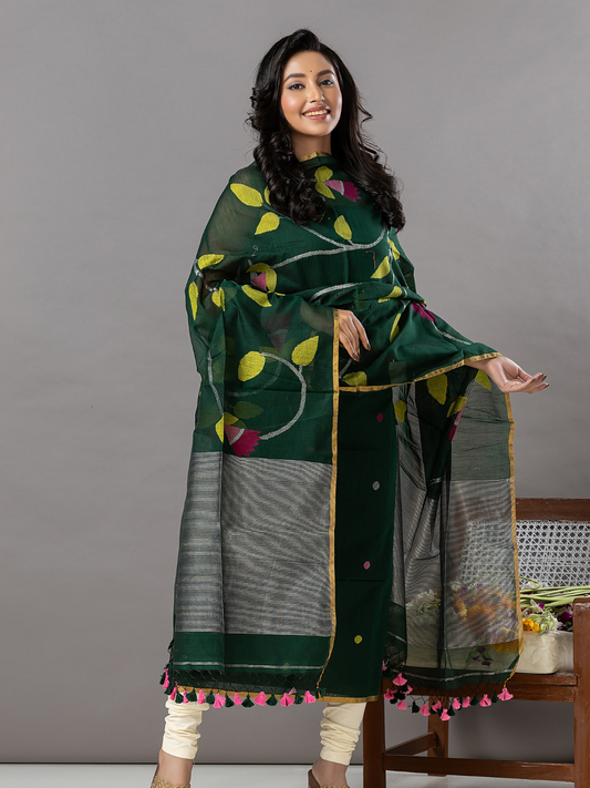 Handwoven Jamdani Muslin Unstitched 2-Piece Kurti | Bottle Green