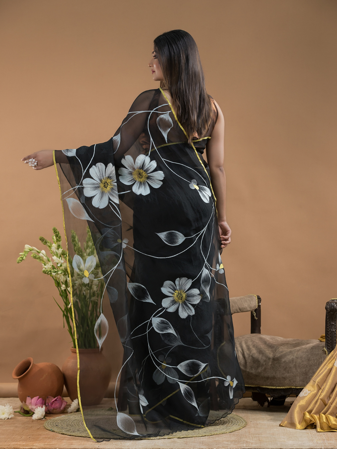 Black Shaded And Flowers Organza Hand-painted Saree -077