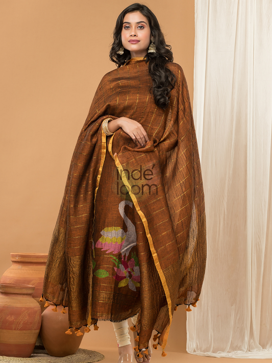 Handwoven Jamdani Linen Unstitched 2-piece Kurti | Coffee Brown
