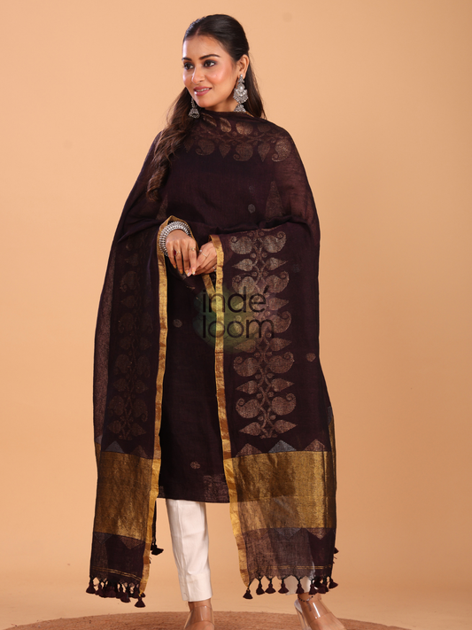 Dark Chestnut | Handloom Jamdani Linen Unstitched 2-Piece Kurti
