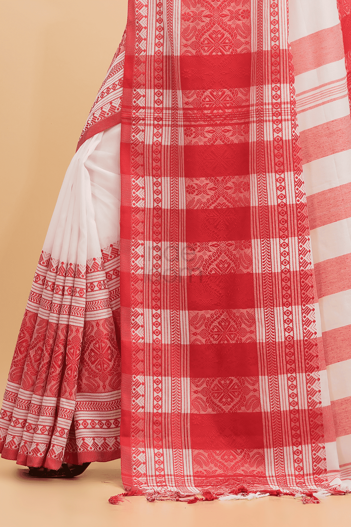 Durga Puja Saree Handloom Cotton in Red White-013 - indeloom