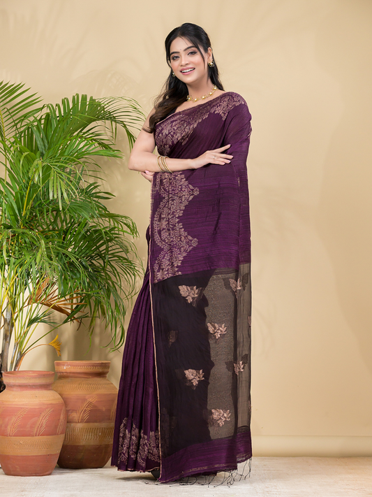 Matka Silk Jamdani Saree With Wine Purple - 025