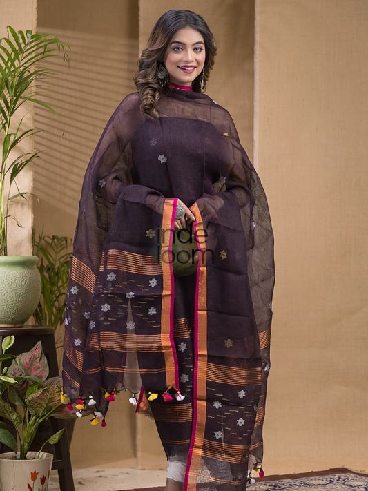 Charcoal Brown | Handloom Jamdani Linen Unstitched 2-Piece Kurti