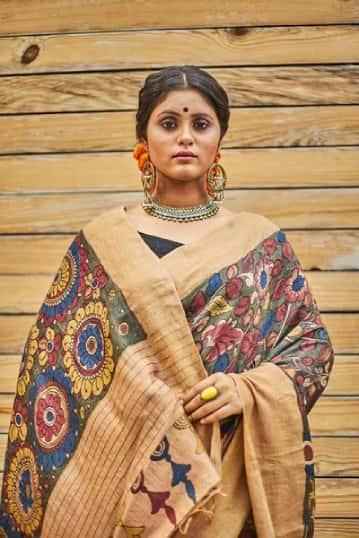 Traditional Handpainted Pen Kalamkari Tussar Silk Saree | Peach Orange