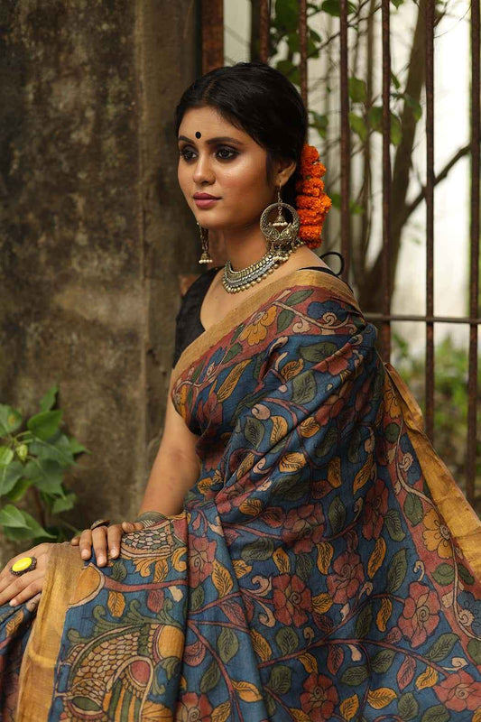 Traditional Handpainted Pen Kalamkari Tussar Silk Saree | Taupe Grey