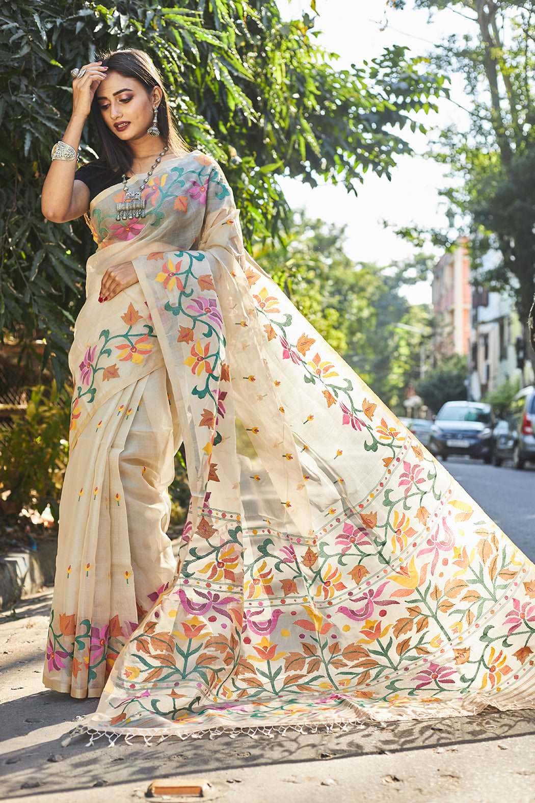 Beige Floral Paradise Of Birds & Flower Silk Jamdani Saree(Pre-Order)-031 - indeloom