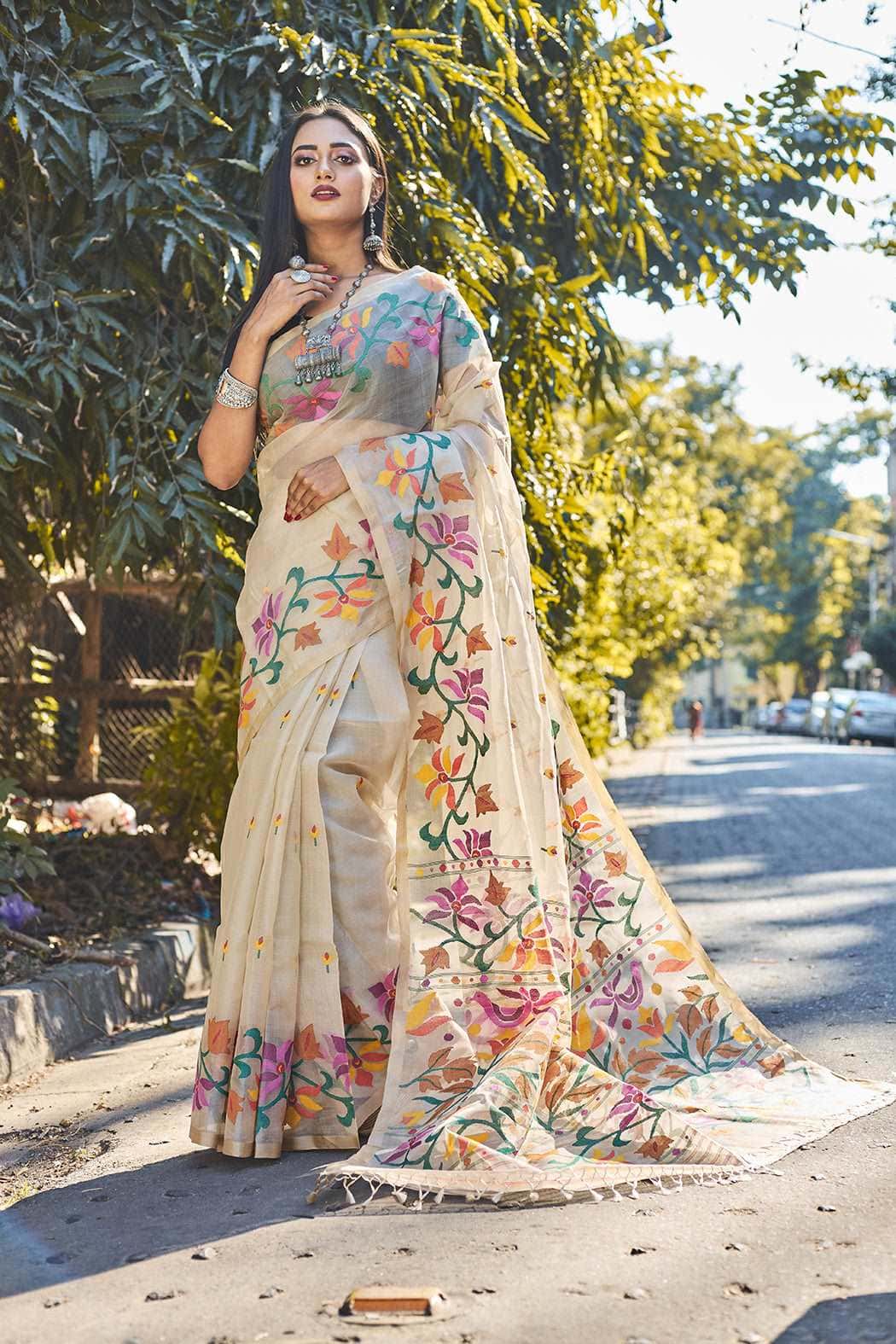Beige Floral Paradise Of Birds & Flower Silk Jamdani Saree(Pre-Order)-031 - indeloom