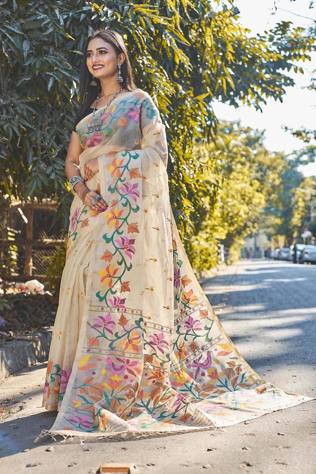 Beige Floral Paradise Of Birds & Flower Silk Jamdani Saree(Pre-Order)-031 - indeloom