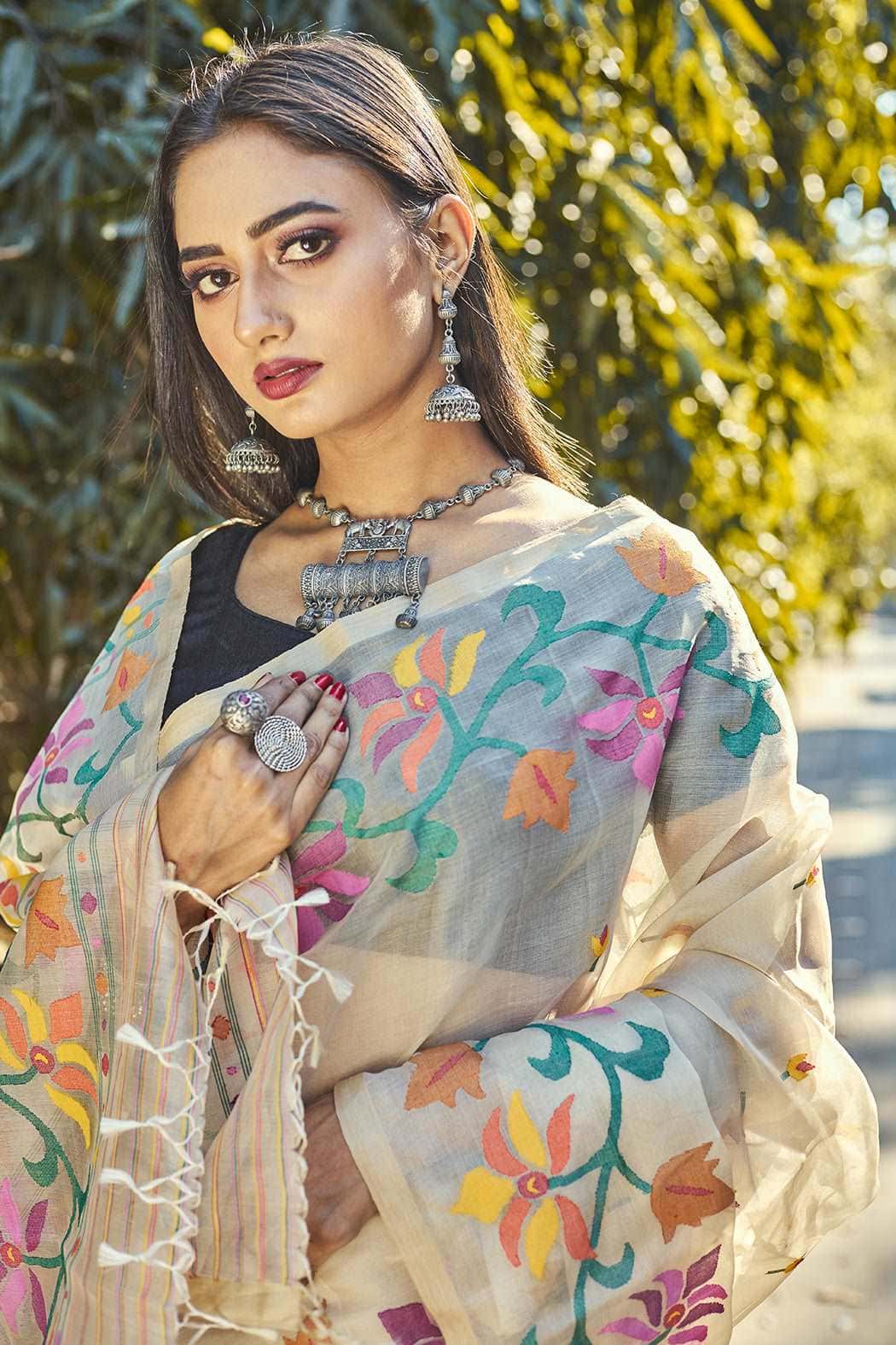 Beige Floral Paradise Of Birds & Flower Silk Jamdani Saree(Pre-Order)-031 - indeloom