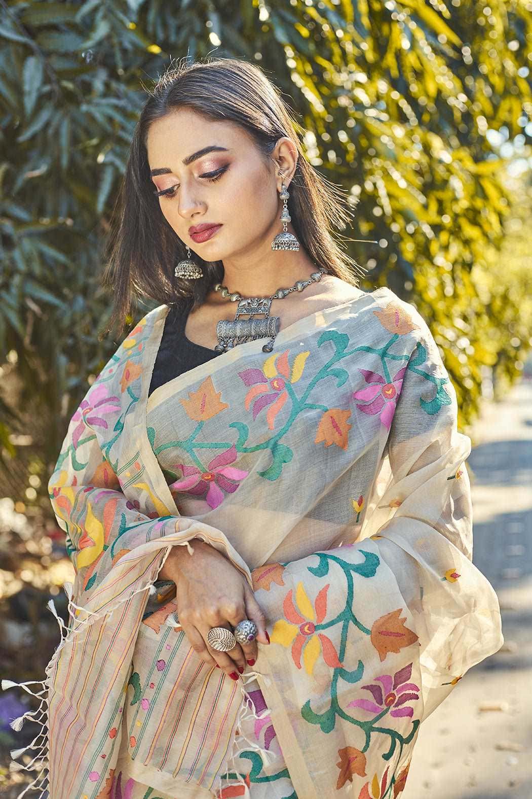 Beige Floral Paradise Of Birds & Flower Silk Jamdani Saree(Pre-Order)-031 - indeloom