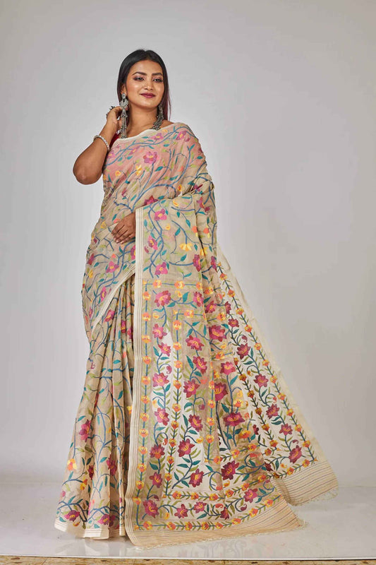 Handwoven Pure Jamdani Muslin Saree | Almond Beige