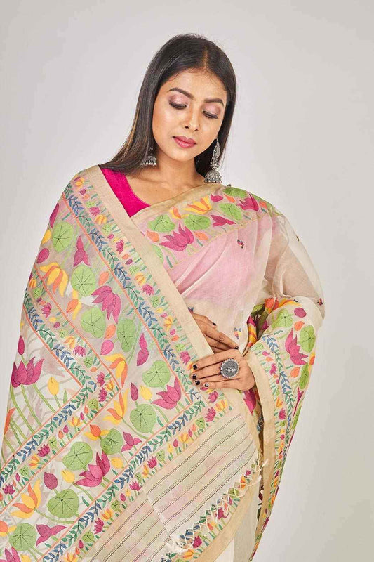 Handwoven Pure Jamdani Muslin Saree | Almond Beige