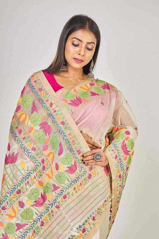 Beige Tulip & Lotus Floral Silk Jamdani Saree-017 - indeloom