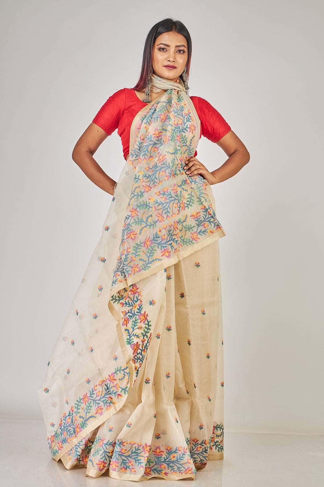 Beige Multicolor Floral Garden Silk Jamdani Saree-016 - indeloom