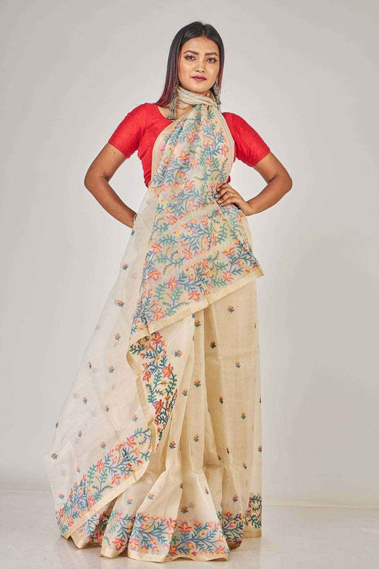 Handwoven Pure Jamdani Muslin Saree | Warm Ivory