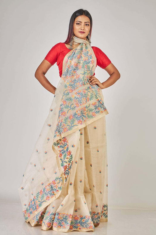 Beige Multicolor Floral Garden Silk Jamdani Saree-016 - indeloom
