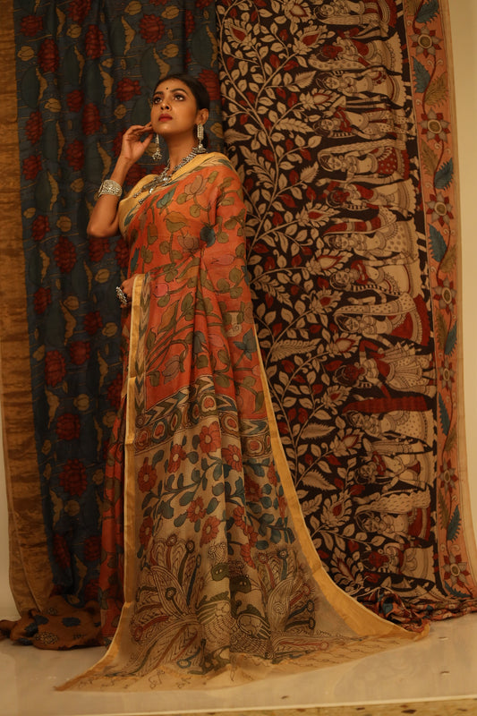 Fire Orange Floral Tussar Silk Kalamkari Saree - 025