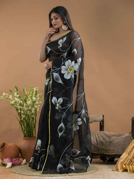 Black Shaded And Flowers  Organza Hand-painted Saree -077